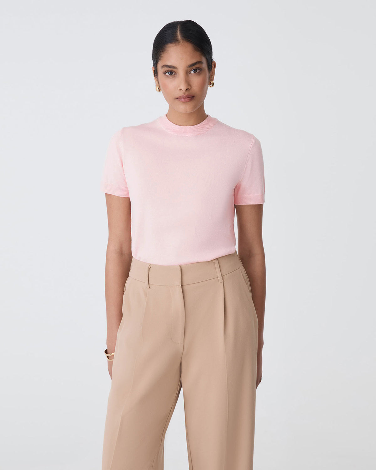 Catherine Short Sleeve Knit in blush pink — close-up view