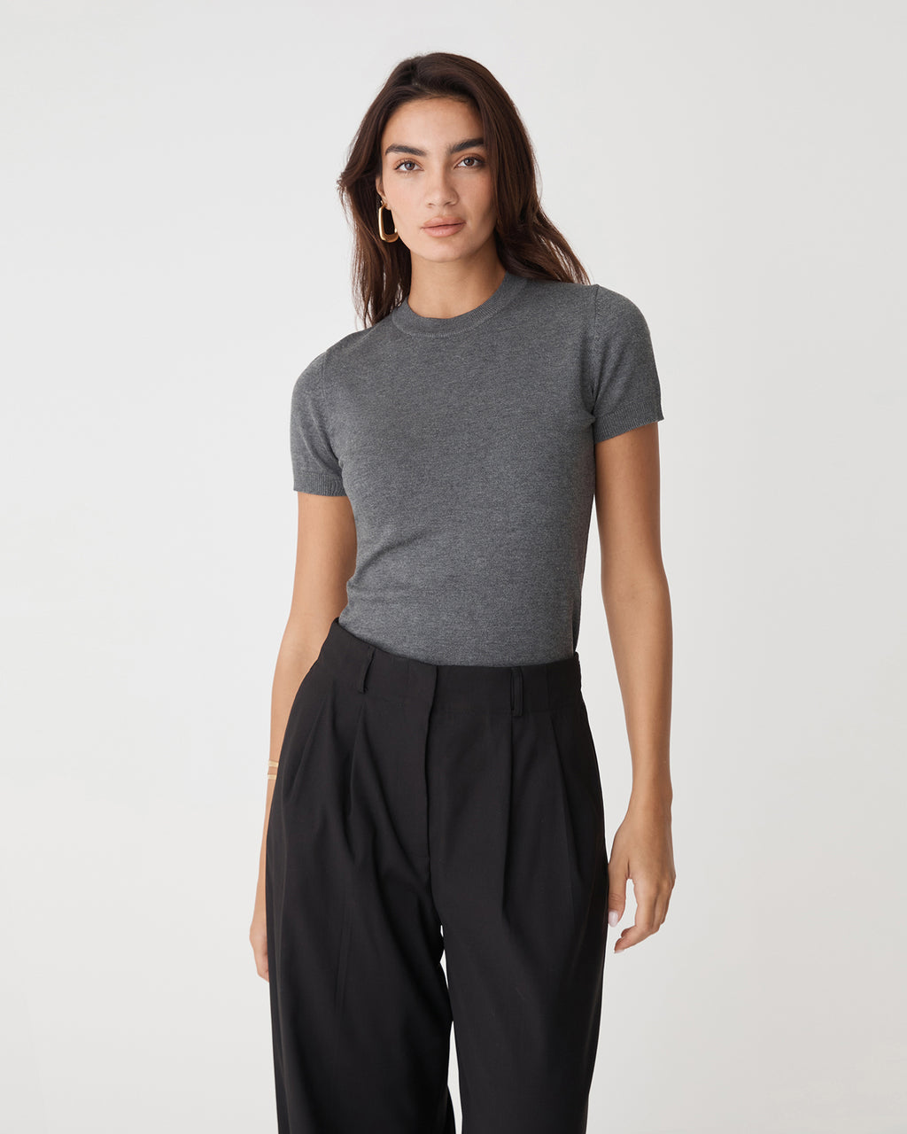 Catherine Short Sleeve Knit in charcoal — close-up view