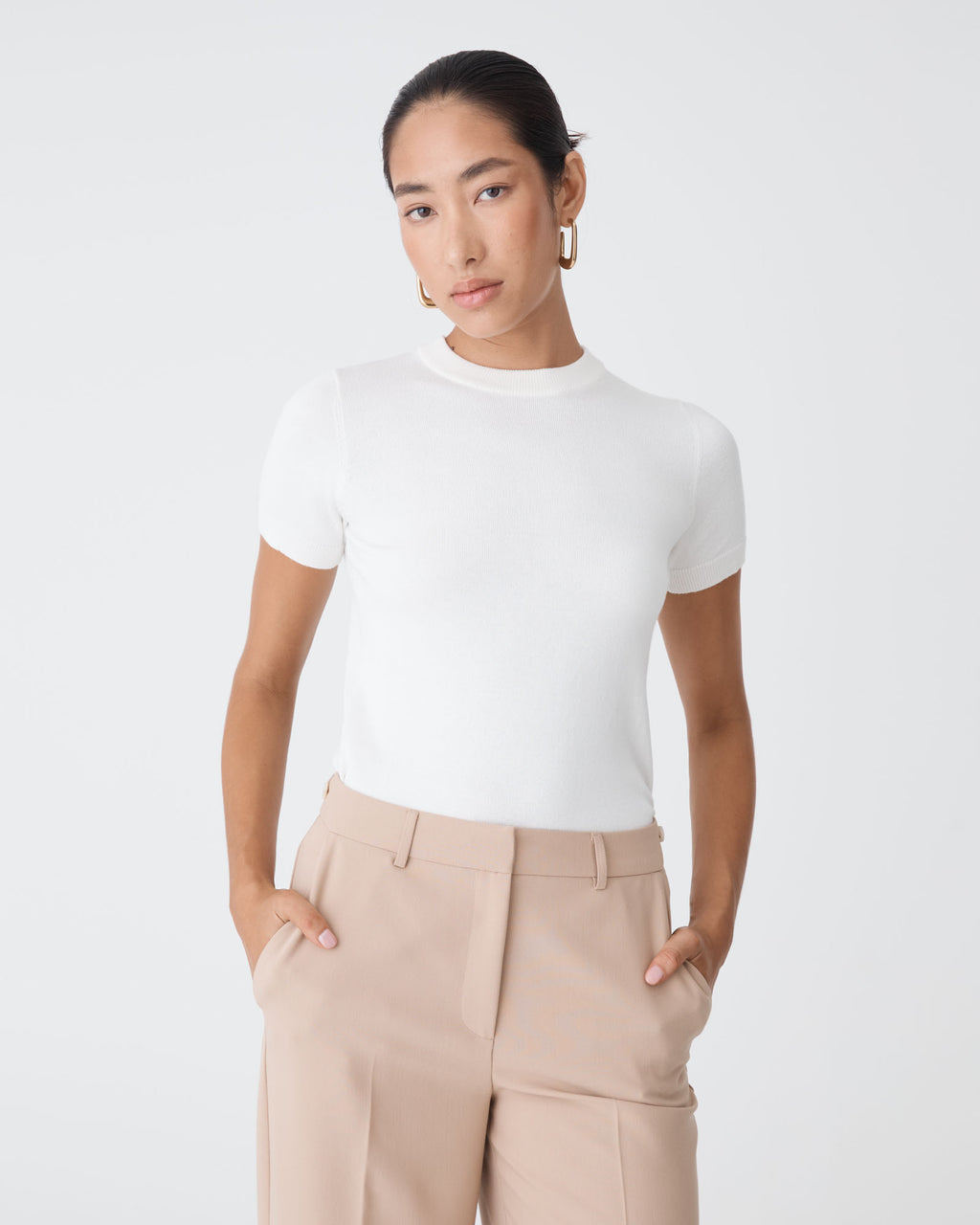 Catherine Short Sleeve Knit in ivory — close-up view
