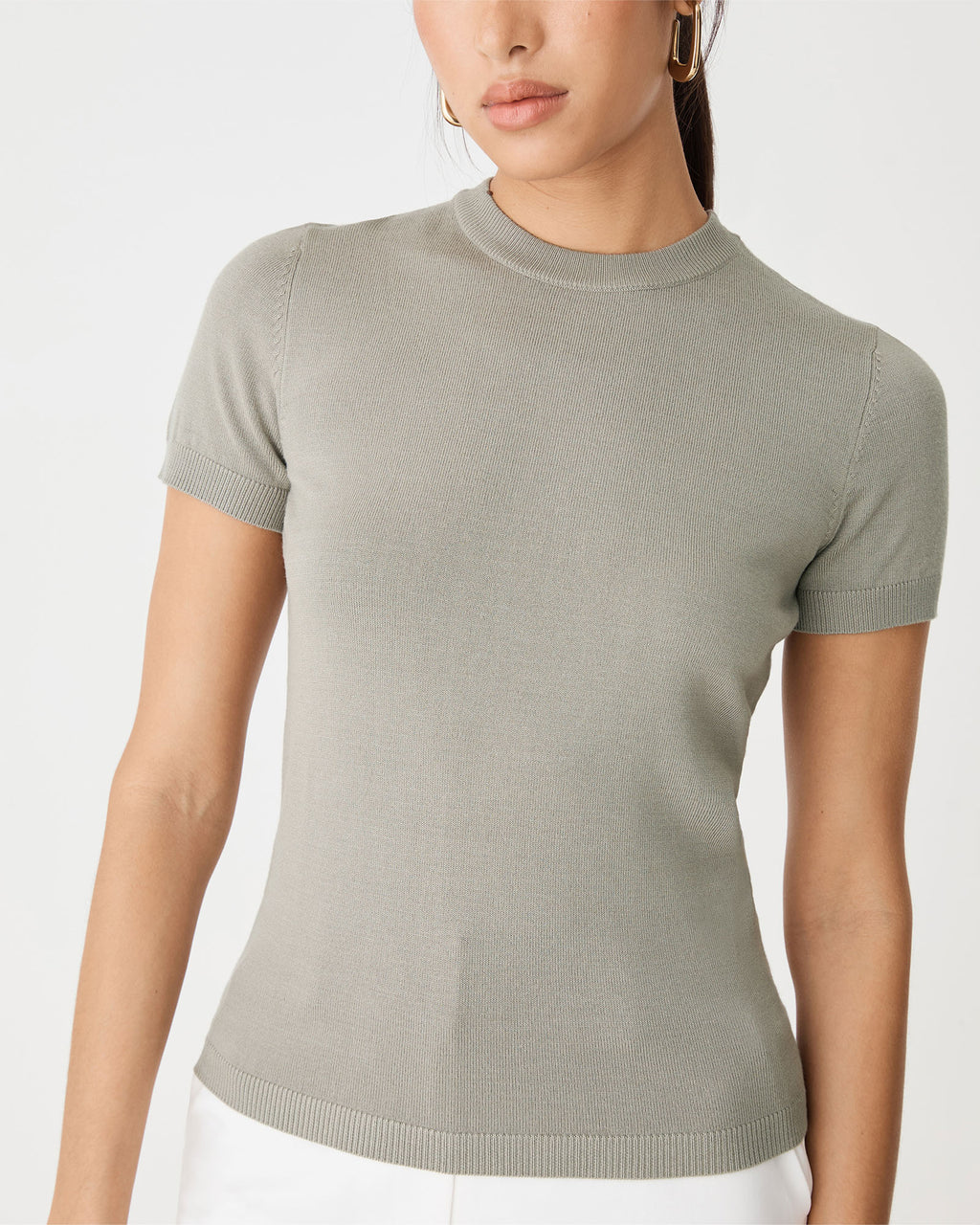 Catherine Short Sleeve Knit in silver sage — close-up view 3