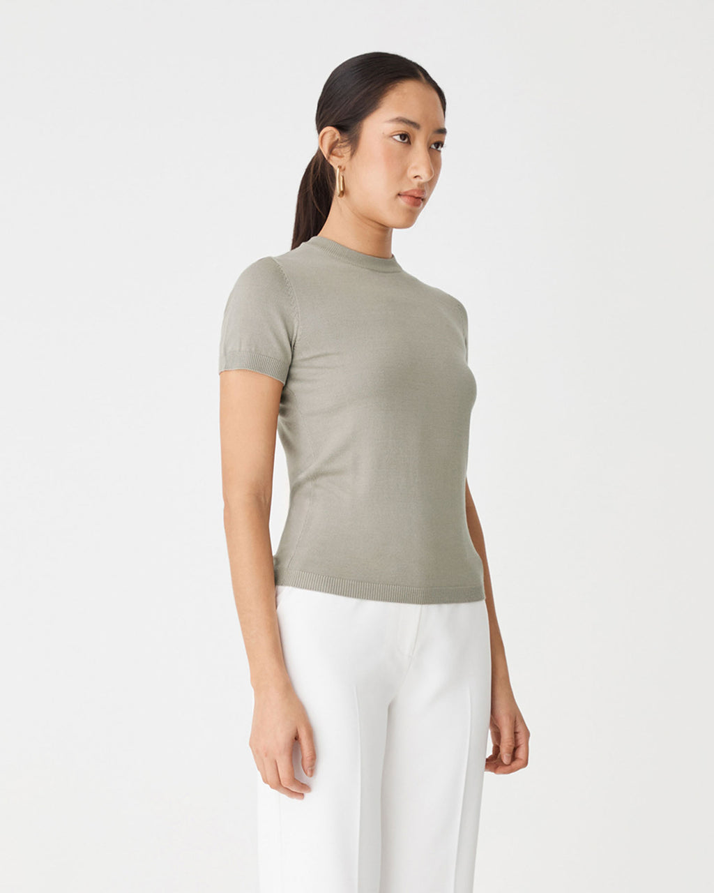 Catherine Short Sleeve Knit in silver sage — side view