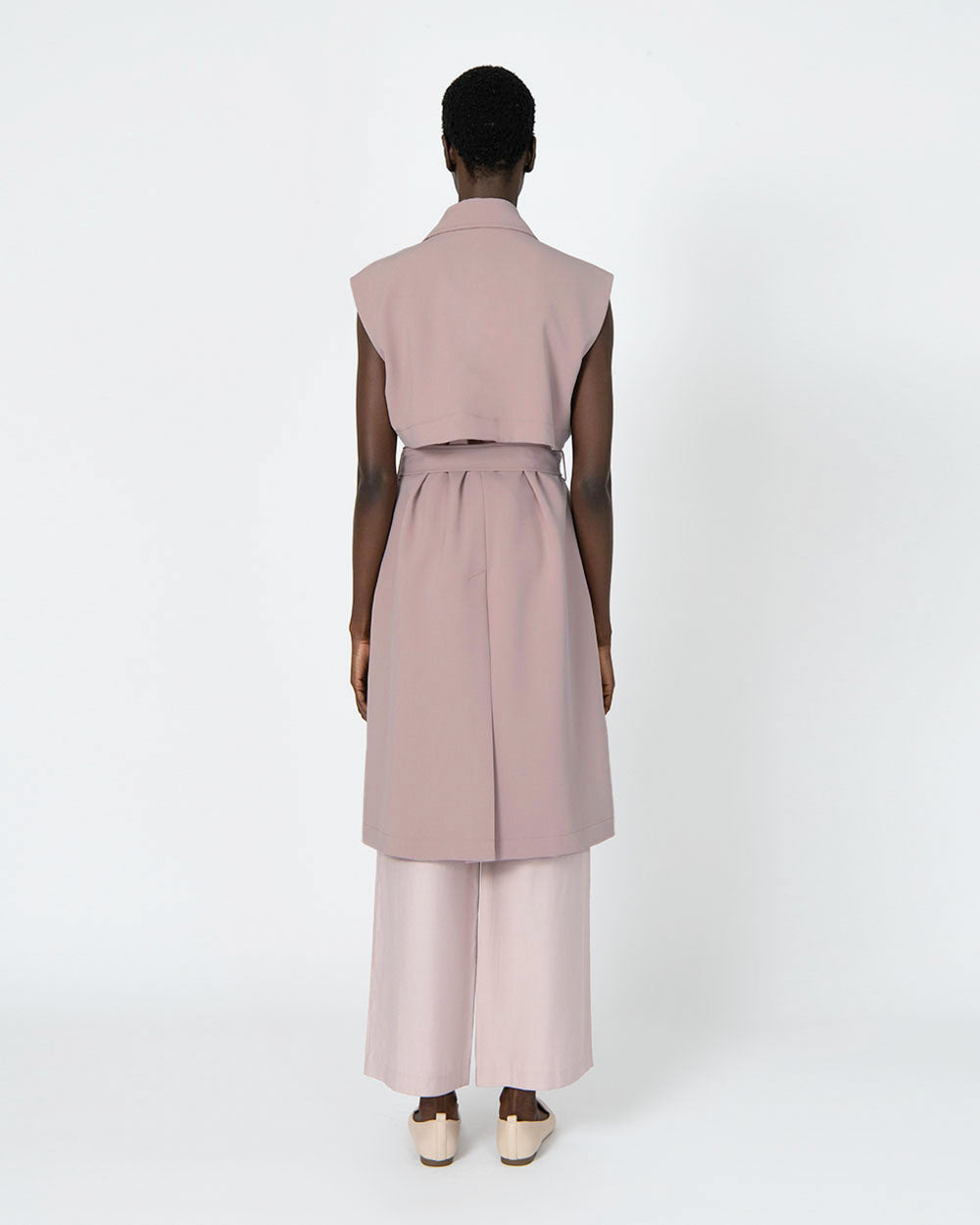 Celia Sleeveless Trench Coat in dusty violet — back view