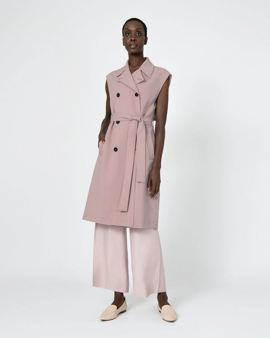 Celia Sleeveless Trench Coat in dusty violet — full-length view