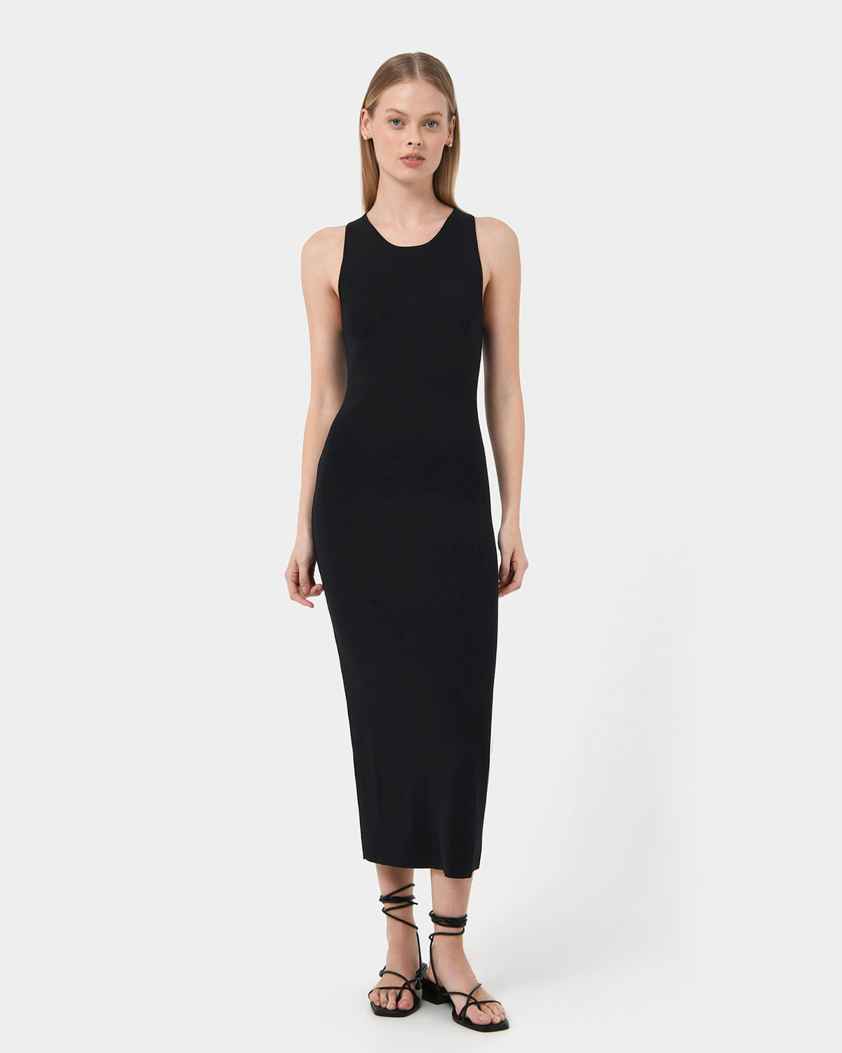 Rylin Racer Back Knit Dress in black — full-length view