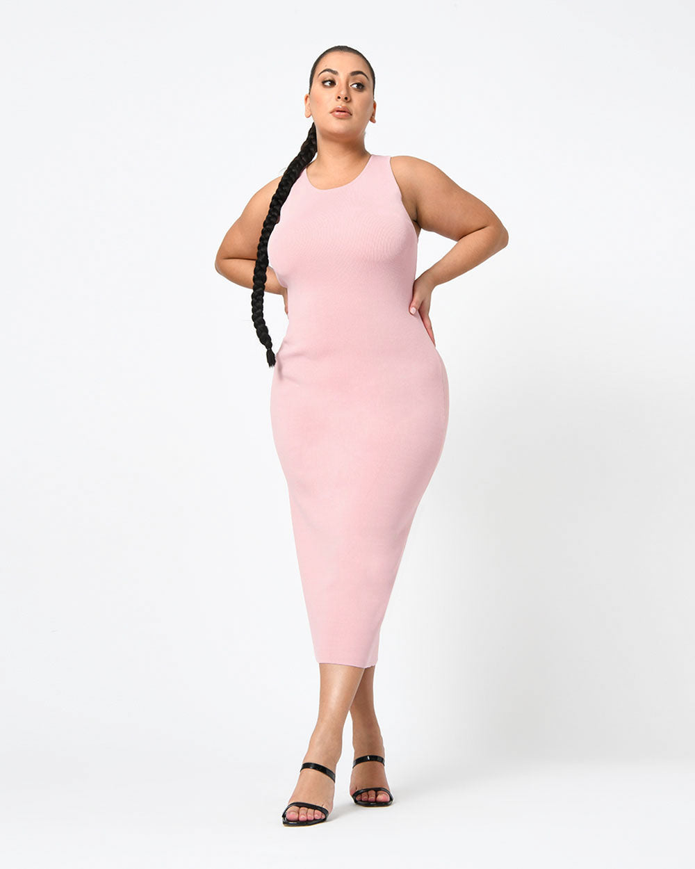 Rylin Racer Back Knit Dress in pink — full-length view