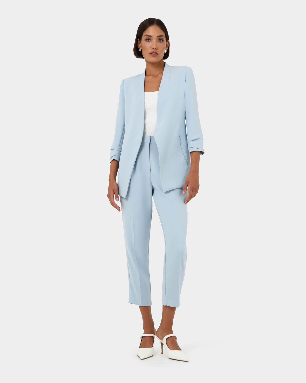 Carter 2 Collarless Blazer in sky blue — full-length view 2