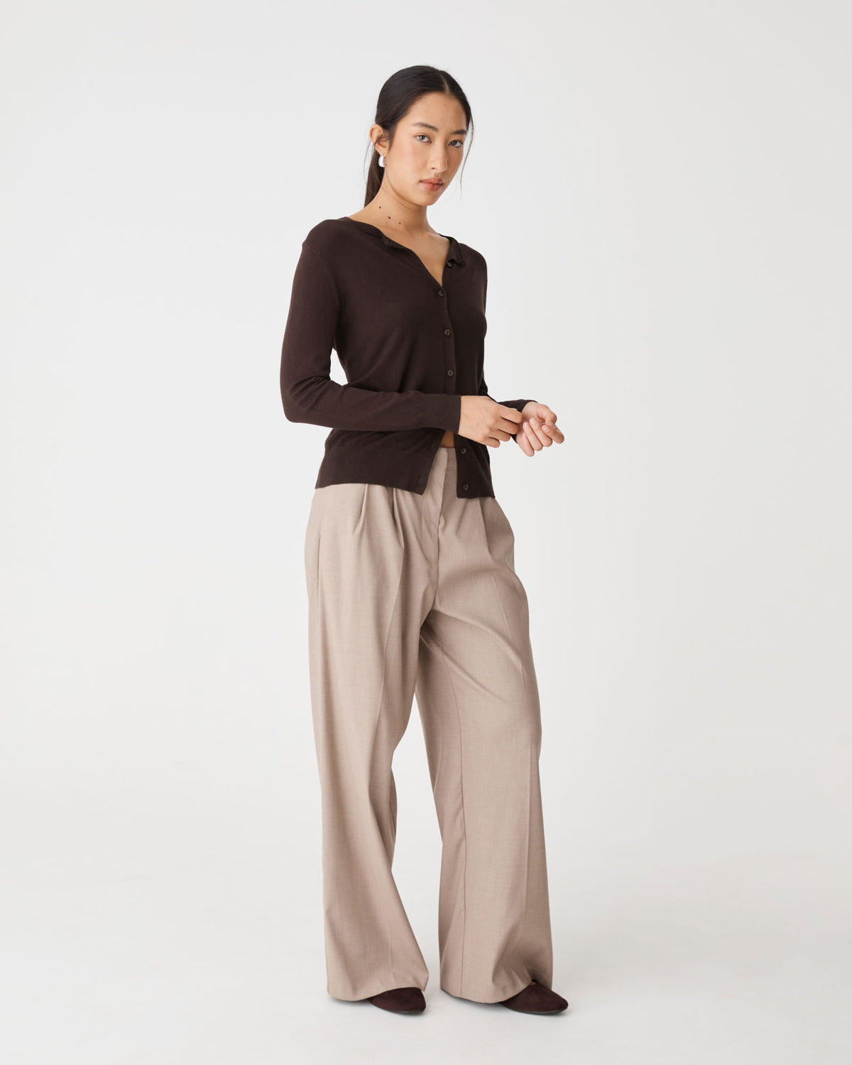 Joyce Knit Cardigan in dark chocolate — side view
