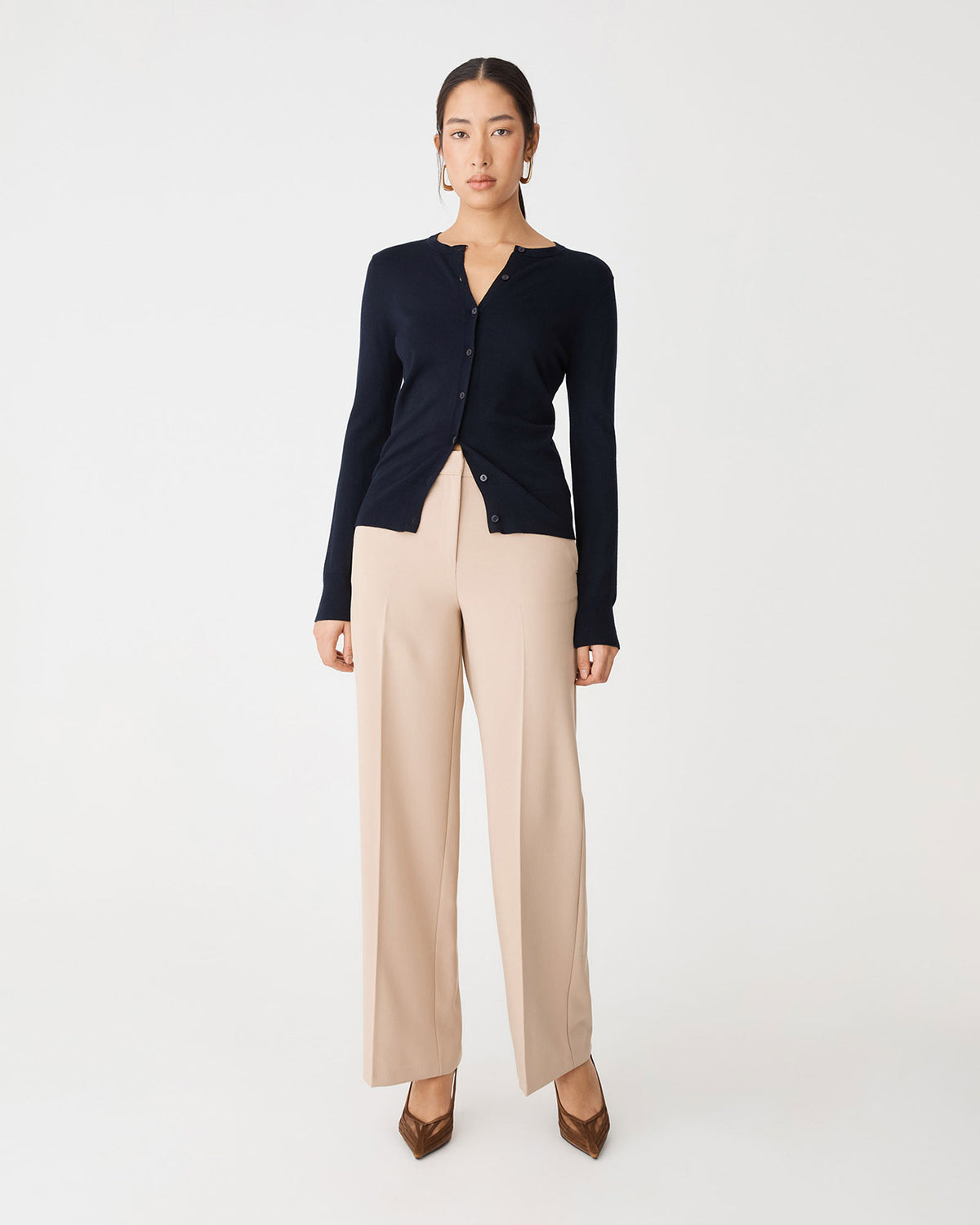 Joyce Knit Cardigan in navy — full-length view