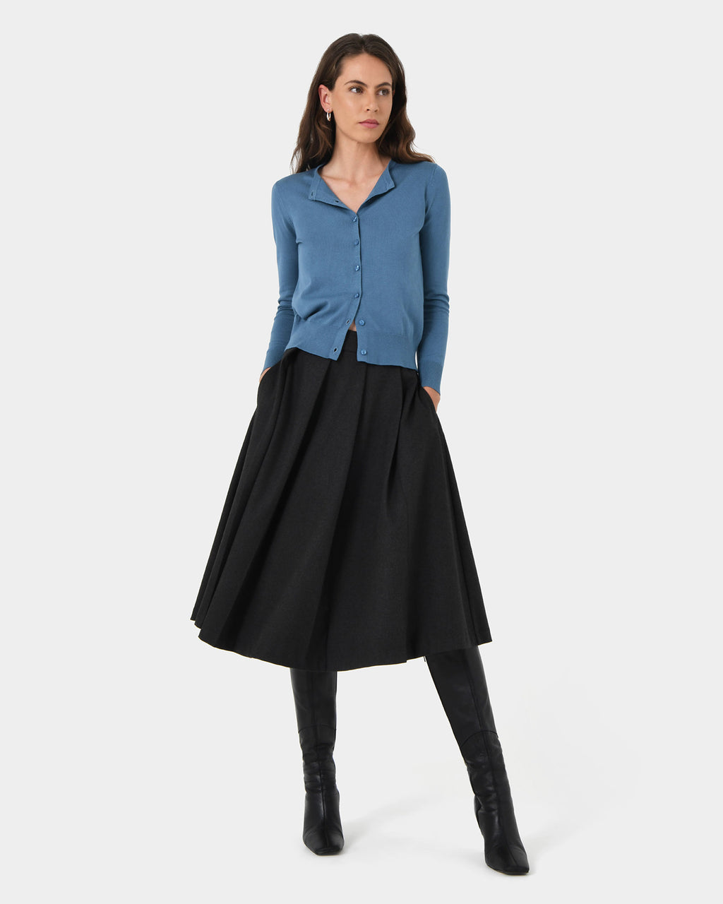 Joyce Knit Cardigan in oriental blue — full-length view