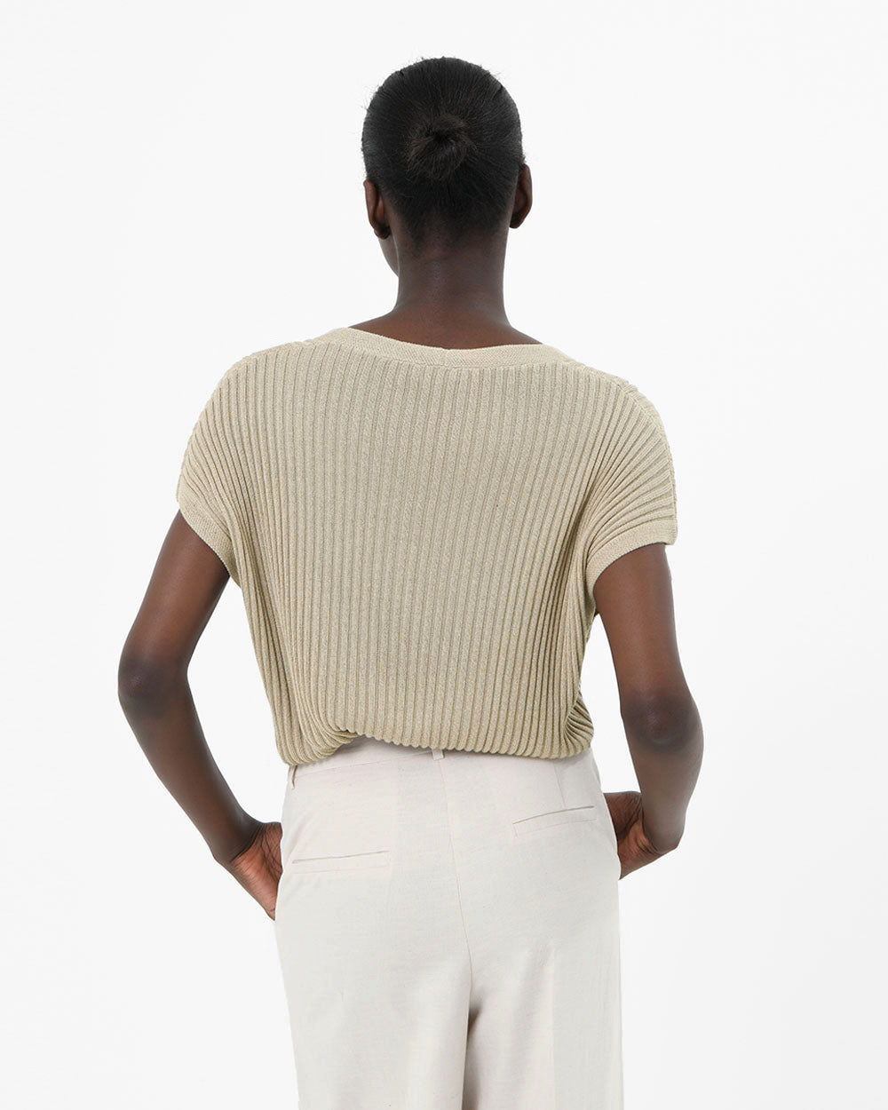 Sloan V-Neck Cape Sweater in taupe — back view