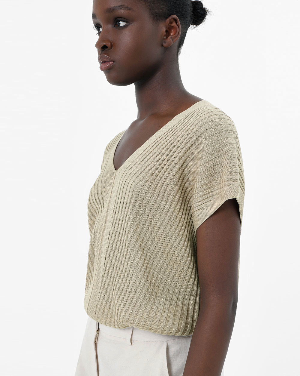 Sloan V-Neck Cape Sweater in taupe — side view 2