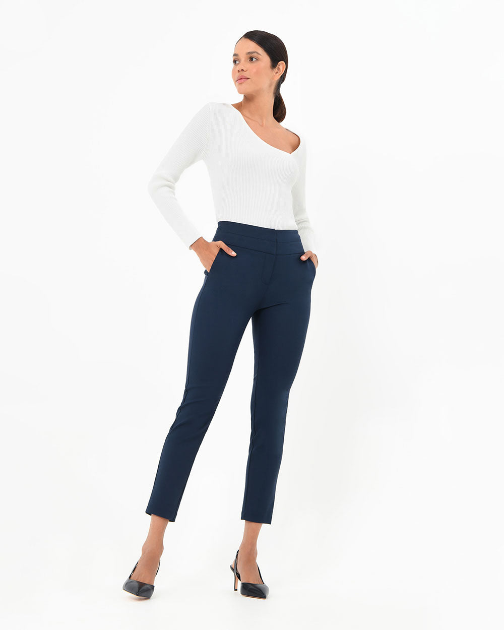 Myah Double Waistband Pants in navy — full-length view
