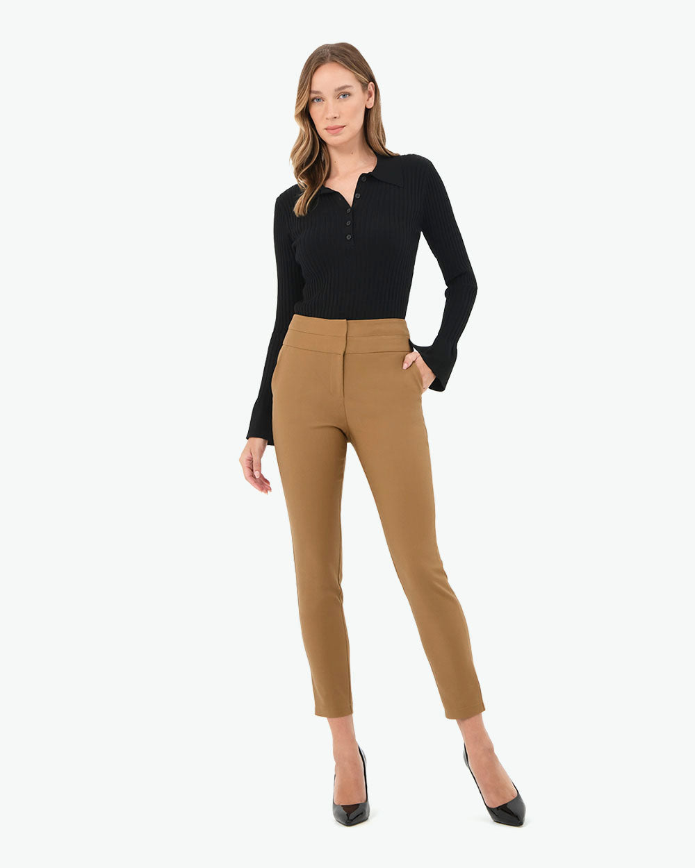 Myah Double Waistband Pants in nutmeg — full-length view