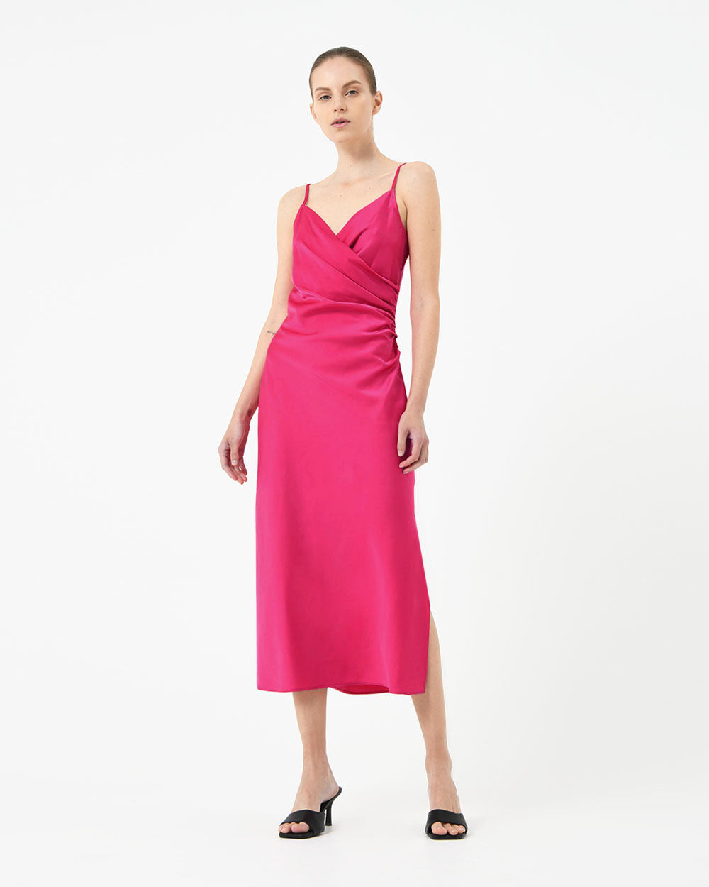 Staria Draped Camisole Dress in fuchsia — full-length view 3
