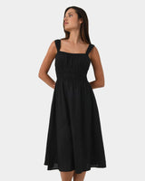 Solita Shirred Linen Dress in black — close-up view