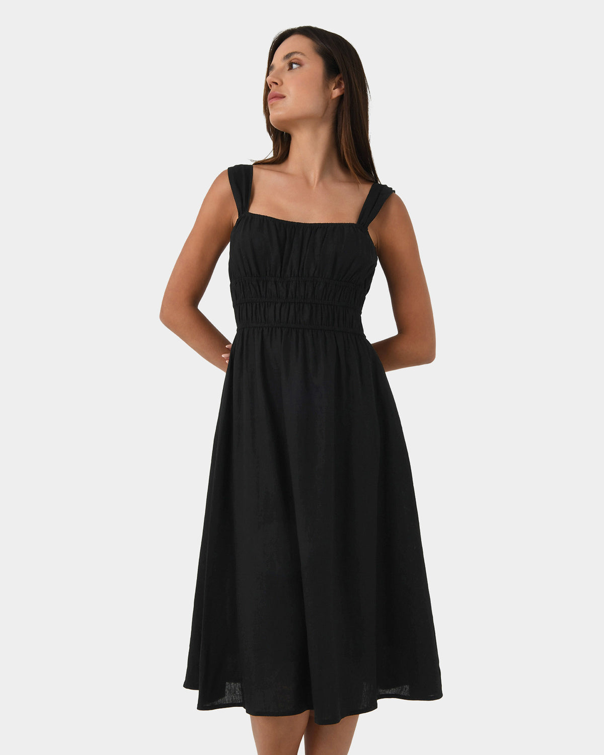 Solita Shirred Linen Dress in black — close-up view