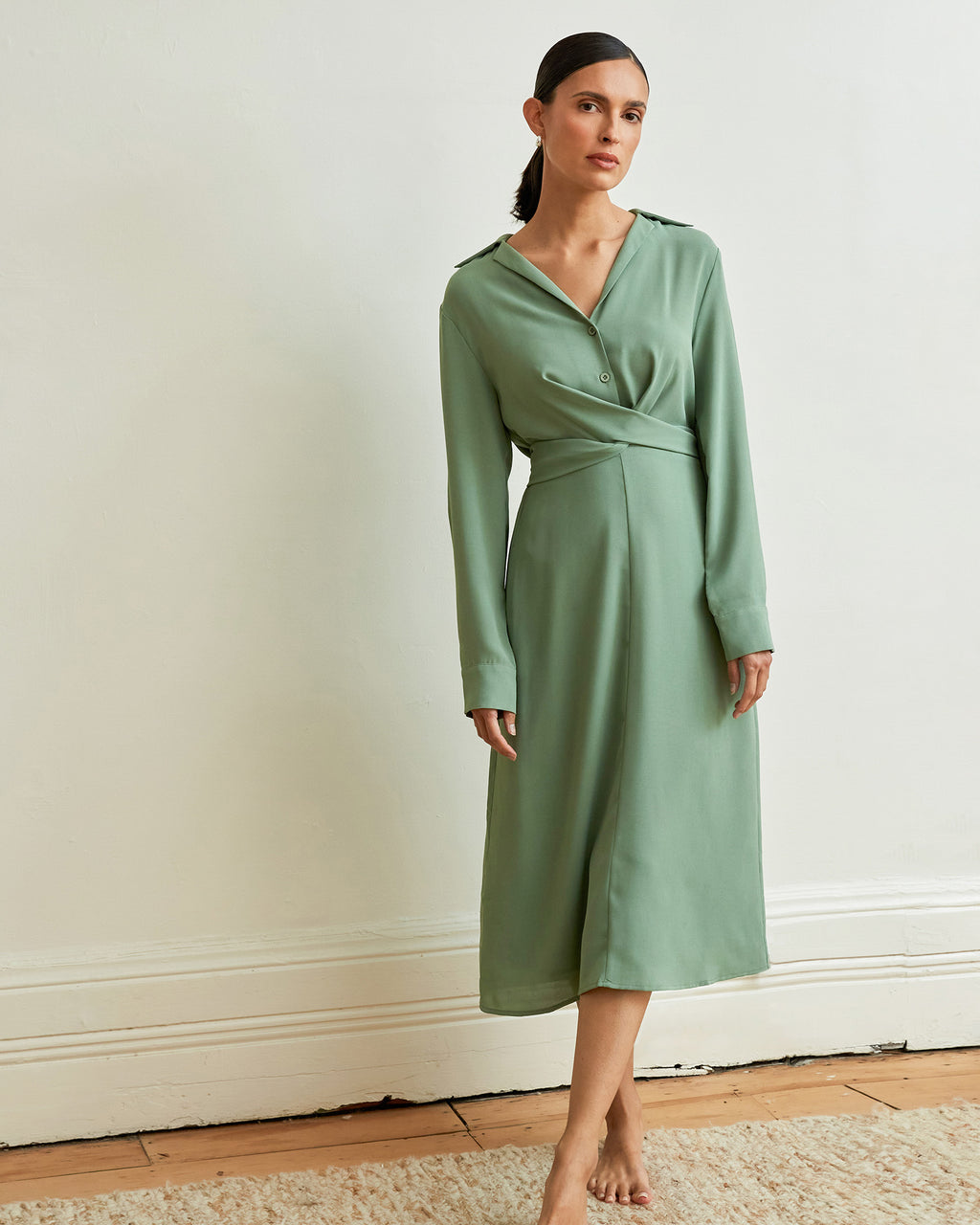 Elaine Twisted Tie Front Dress in green — full-length view 2