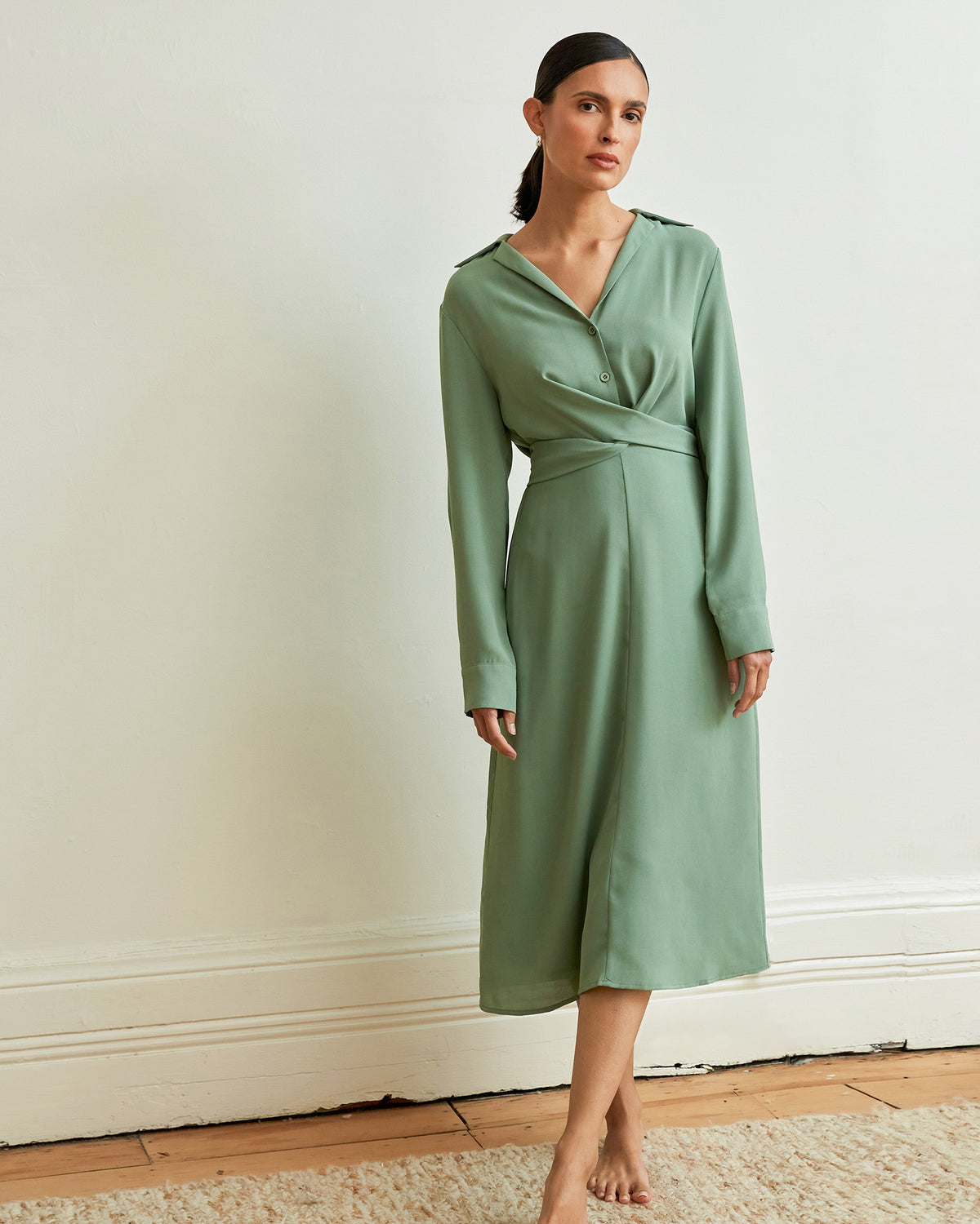 Elaine Twisted Tie Front Dress in green — full-length view 2