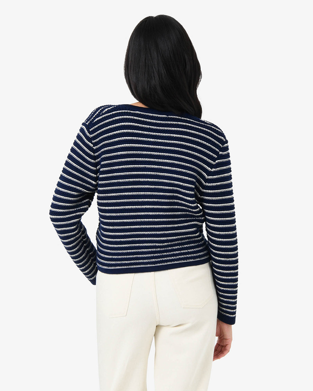 Hollis Textured Cardigan in navy ivory — back view