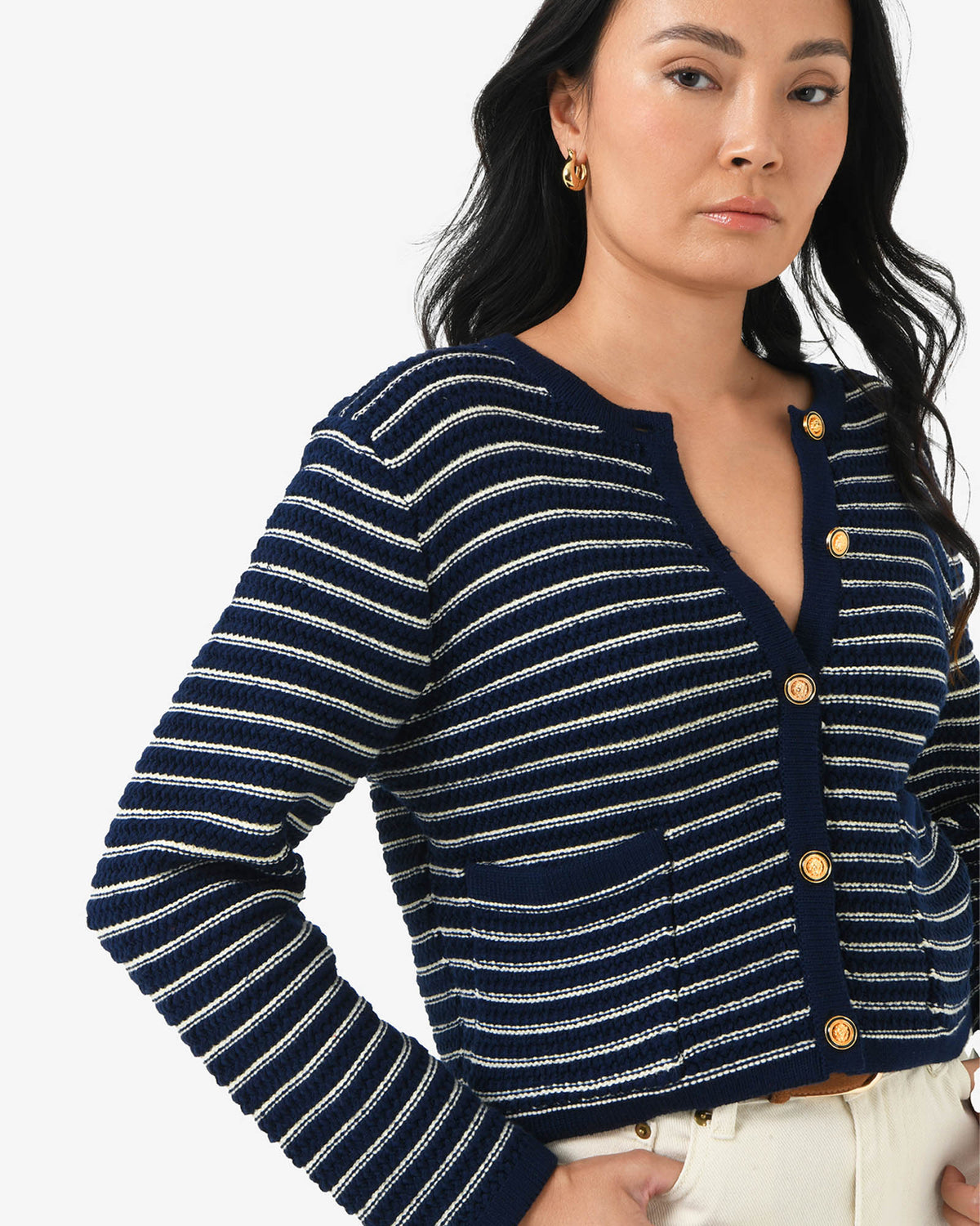 Hollis Textured Cardigan in navy ivory — close-up view 2