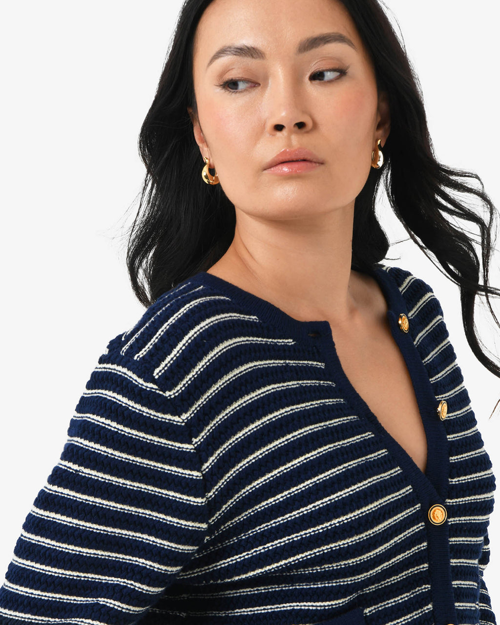 Hollis Textured Cardigan in navy ivory — fabric detail