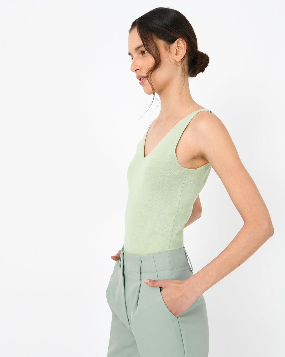 Shiloh V-Neck Top in pastel green — side view