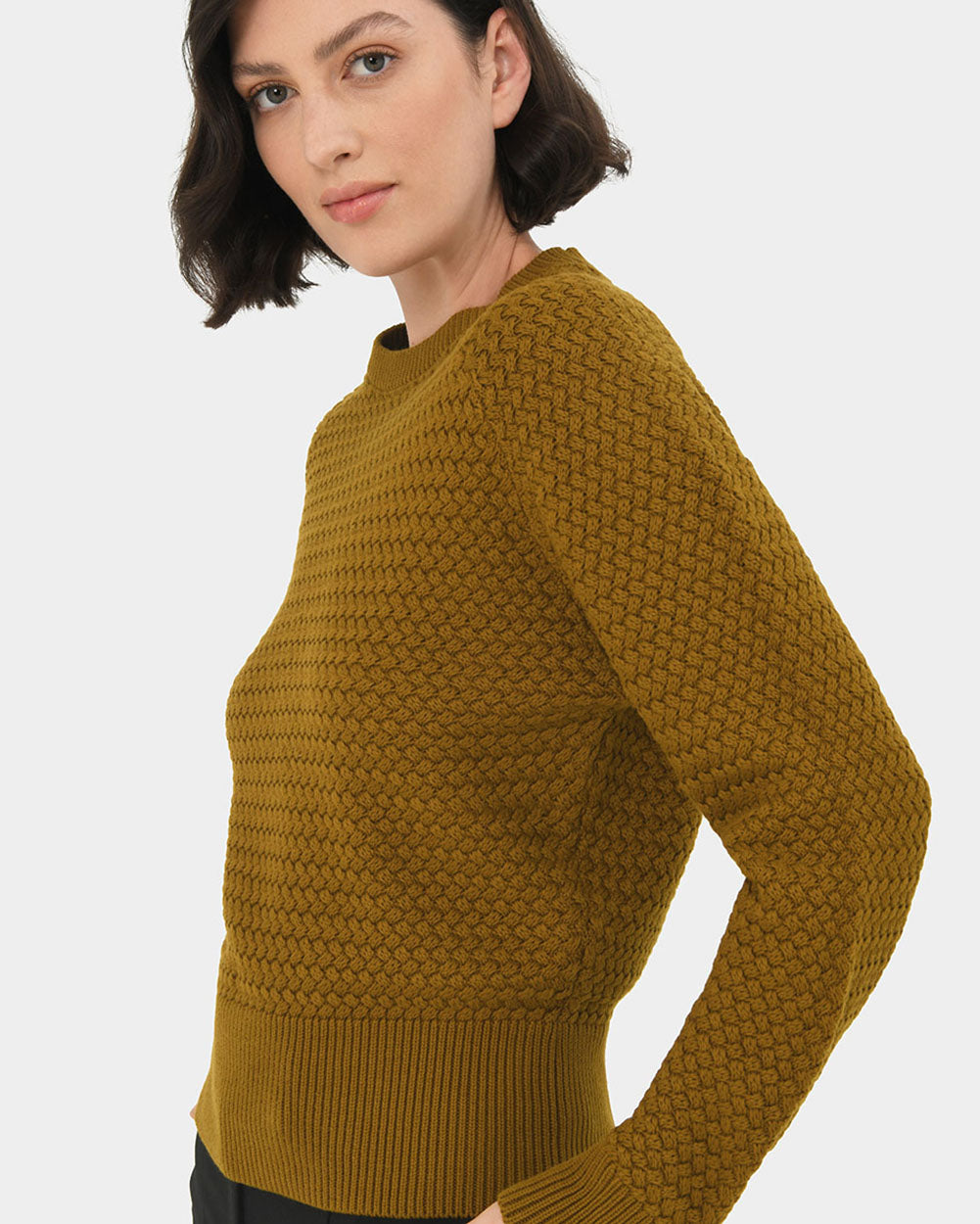 Evie Waffle Knit Jumper in dark olive — side view