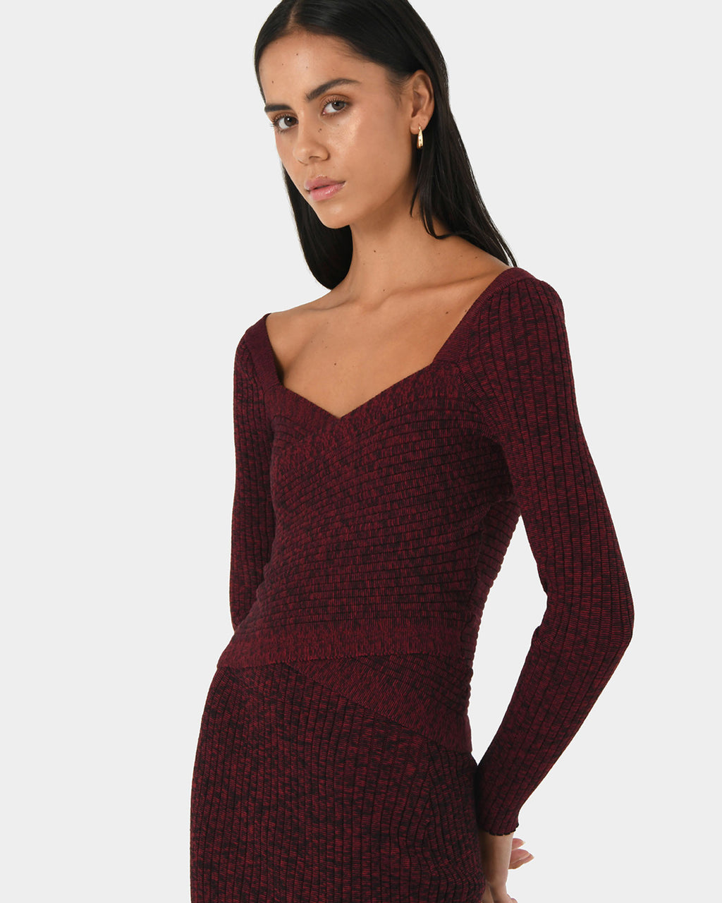 Cienna Cross Over Knit Top in ruby — close-up view