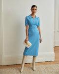 Cosette Rib Polo Knit in stone blue — full-length view