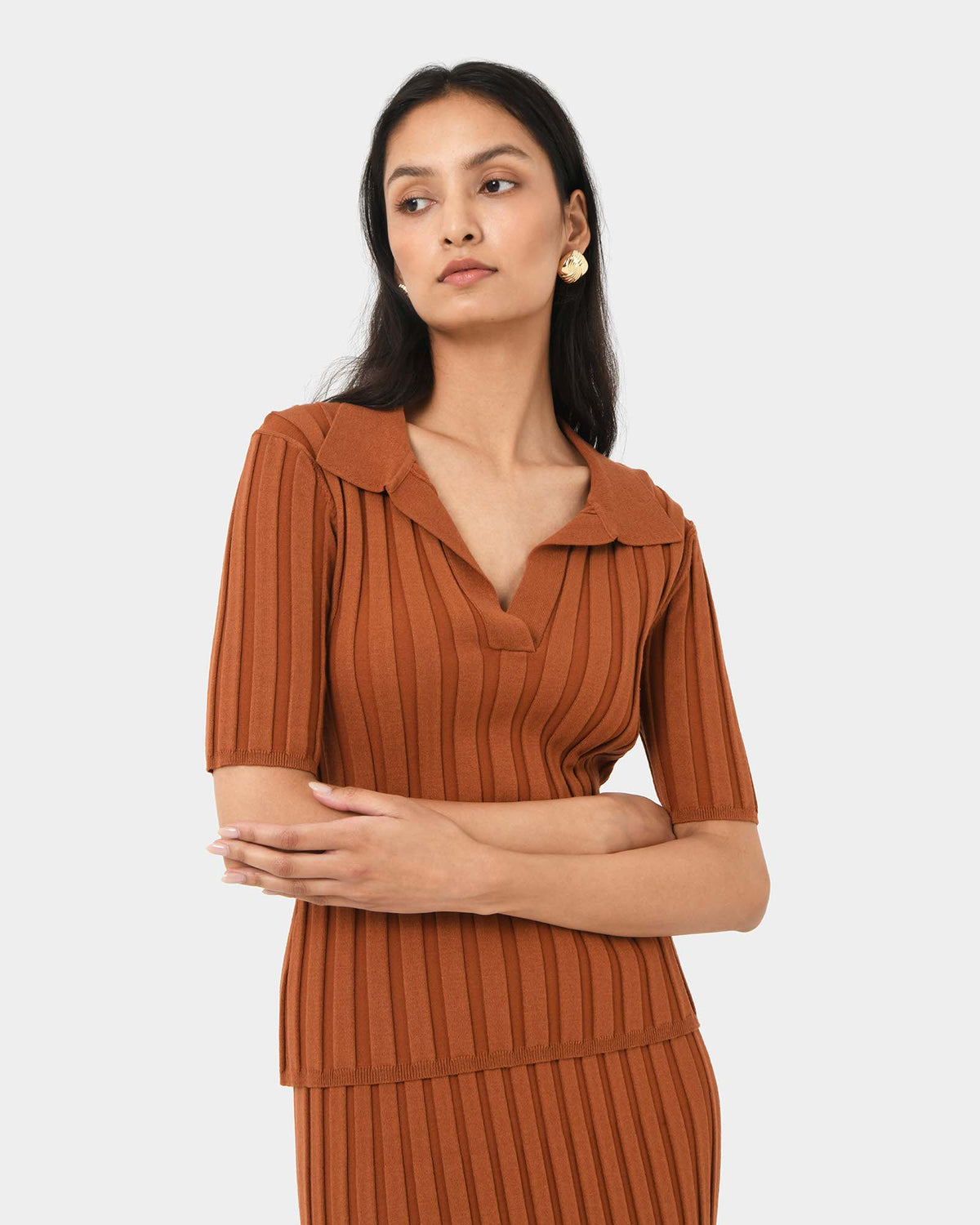 Manhattan Polo Knit Top in rust — close-up view 2
