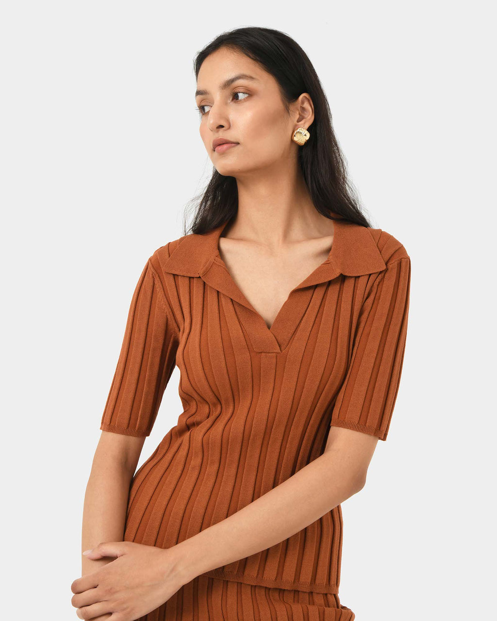 Manhattan Polo Knit Top in rust — close-up view 3