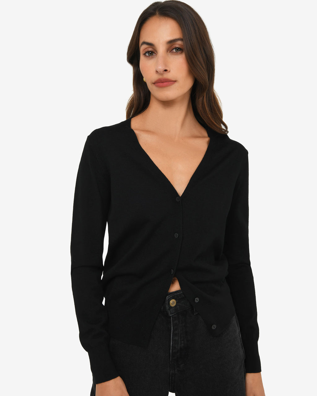 Nicolette V-Neck Knit Cardigan in black — close-up view 2