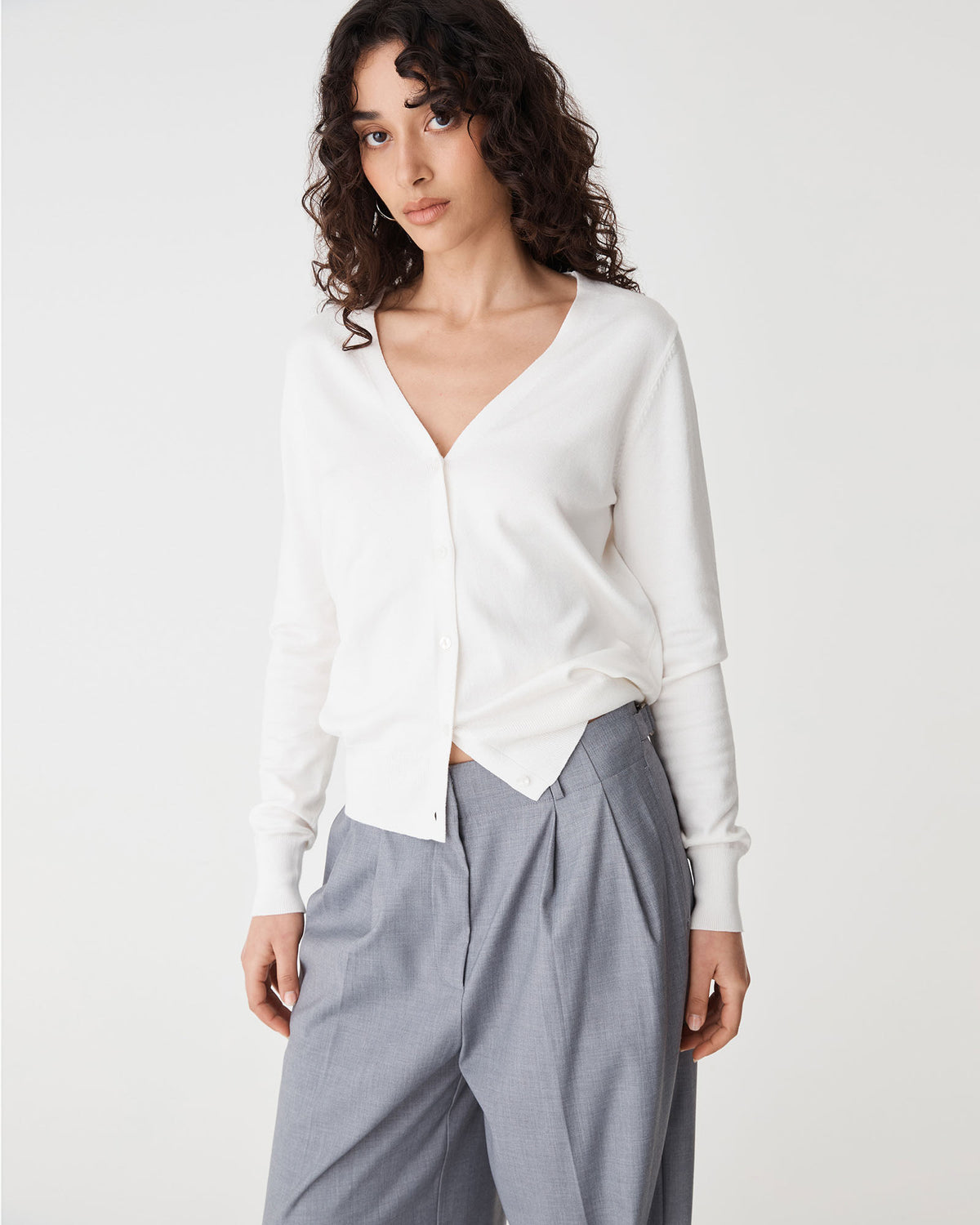 Nicolette V-Neck Knit Cardigan in ivory — close-up view 2