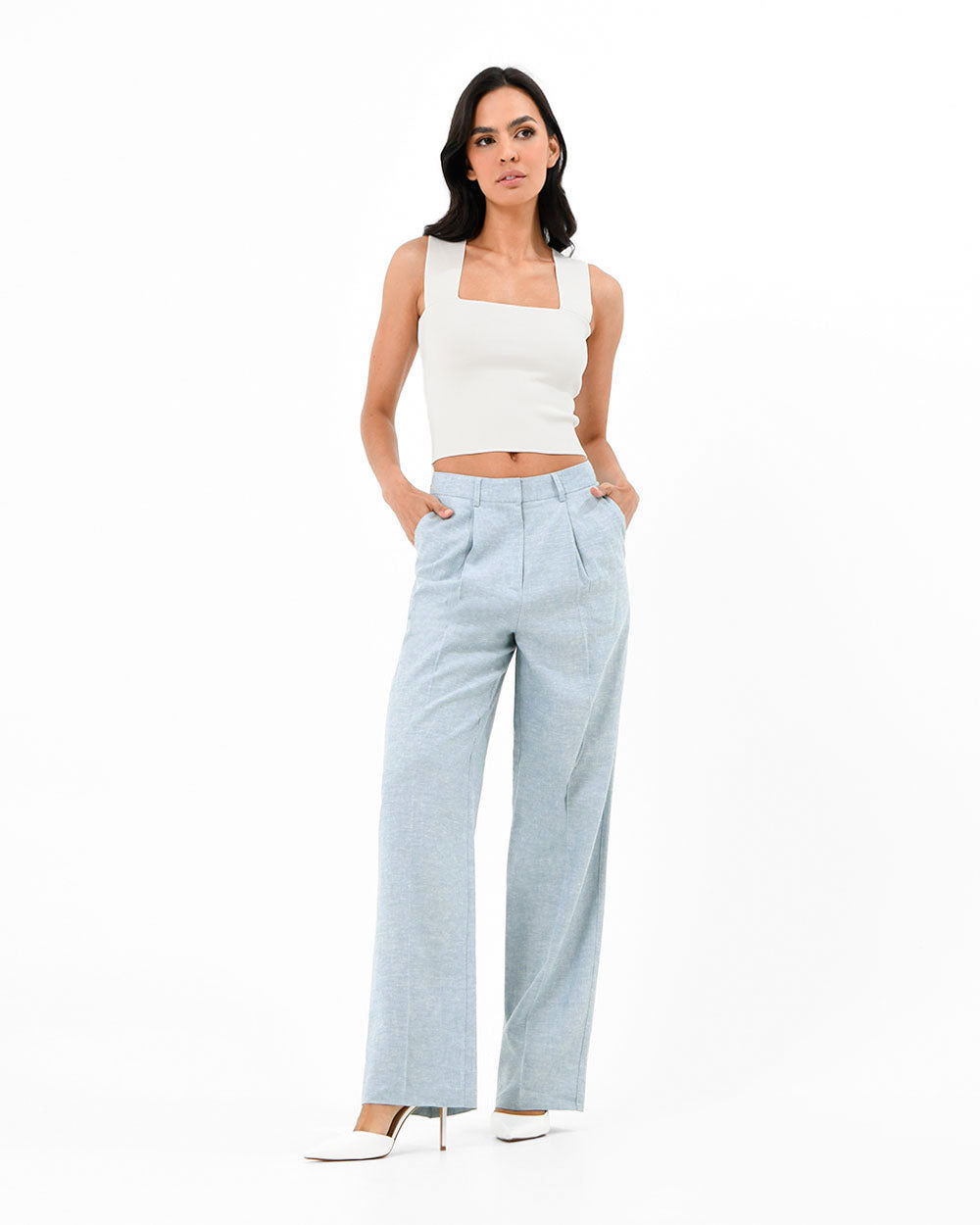 Lilit Linen Chambray Pant in chambray blue — full-length view