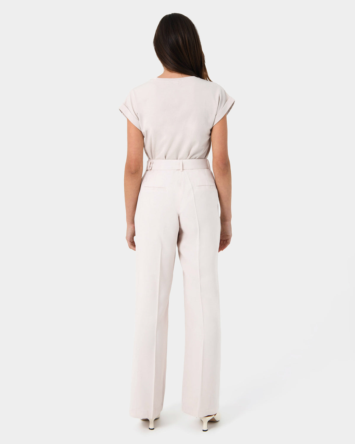 Anali Belted Wide Leg Trousers in beige — back view