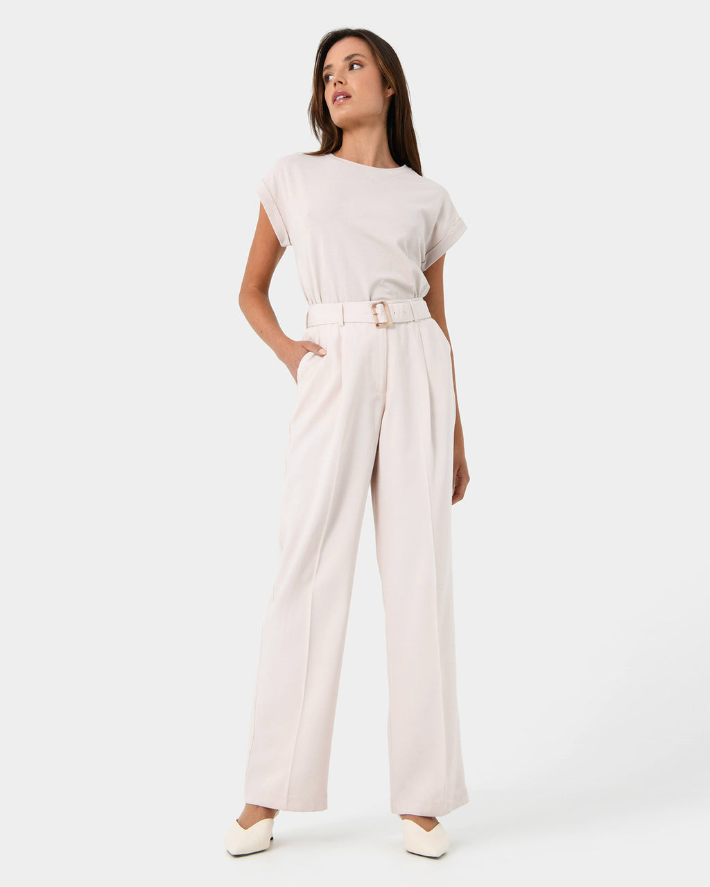 Anali Belted Wide Leg Trousers in beige — full-length view 2