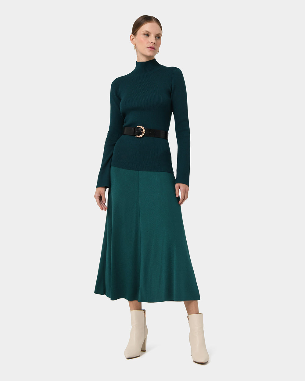 Annette A-Line Knit Skirt in teal — full-length view 3