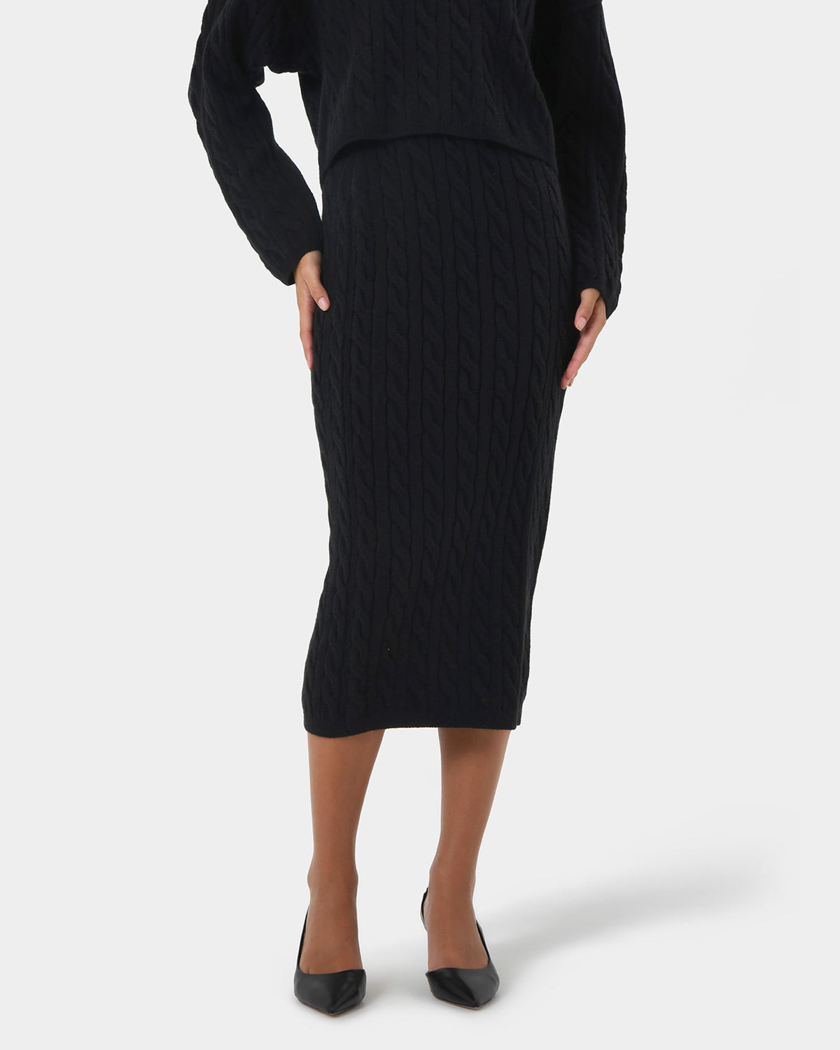 Honesty Cable Midi Knit Skirt in black — close-up view