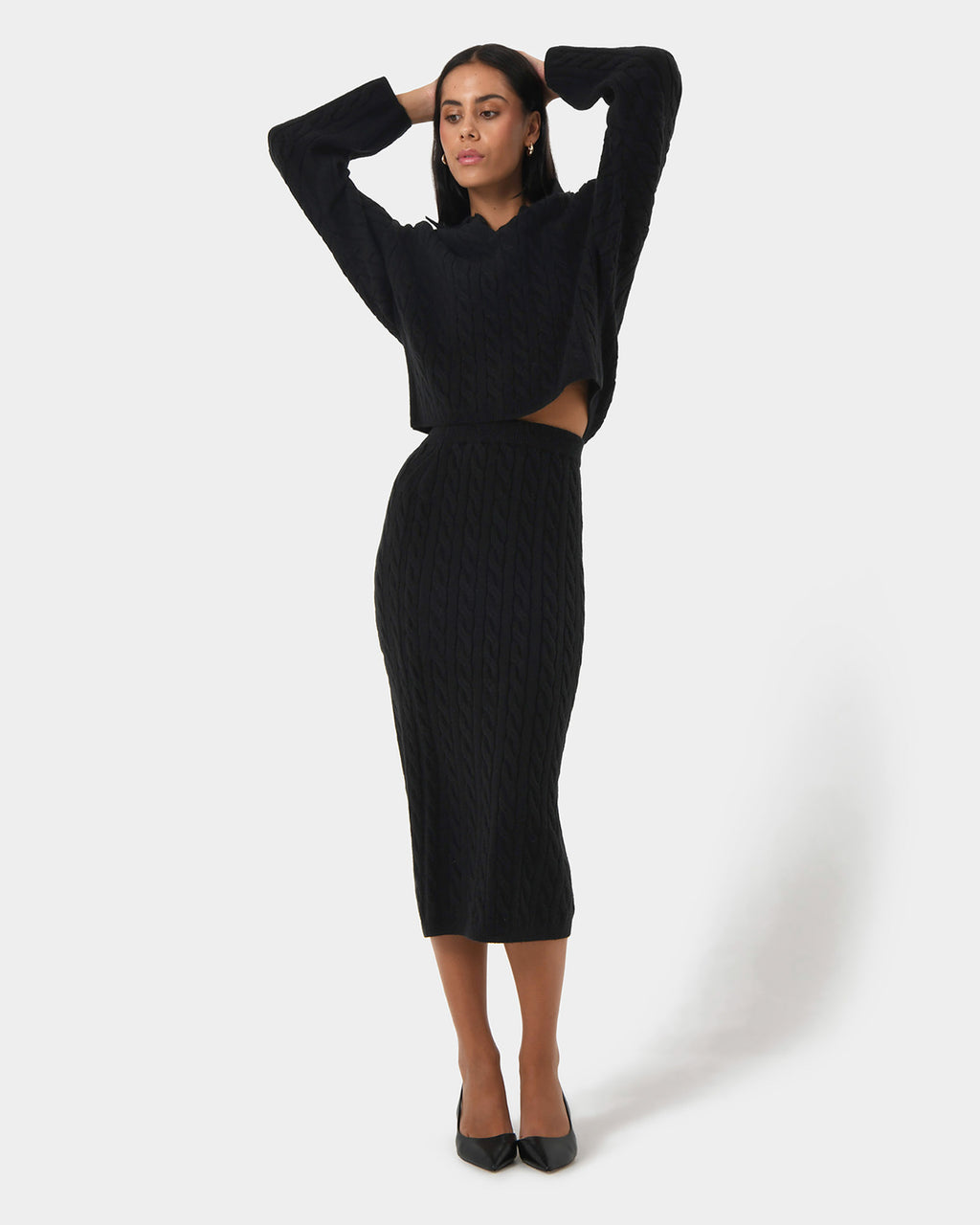Honesty Cable Midi Knit Skirt in black — full-length view 2