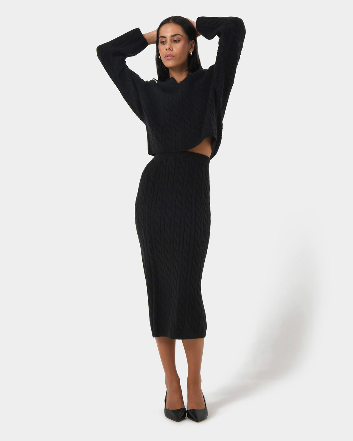 Honesty Cable Midi Knit Skirt in black — full-length view 2