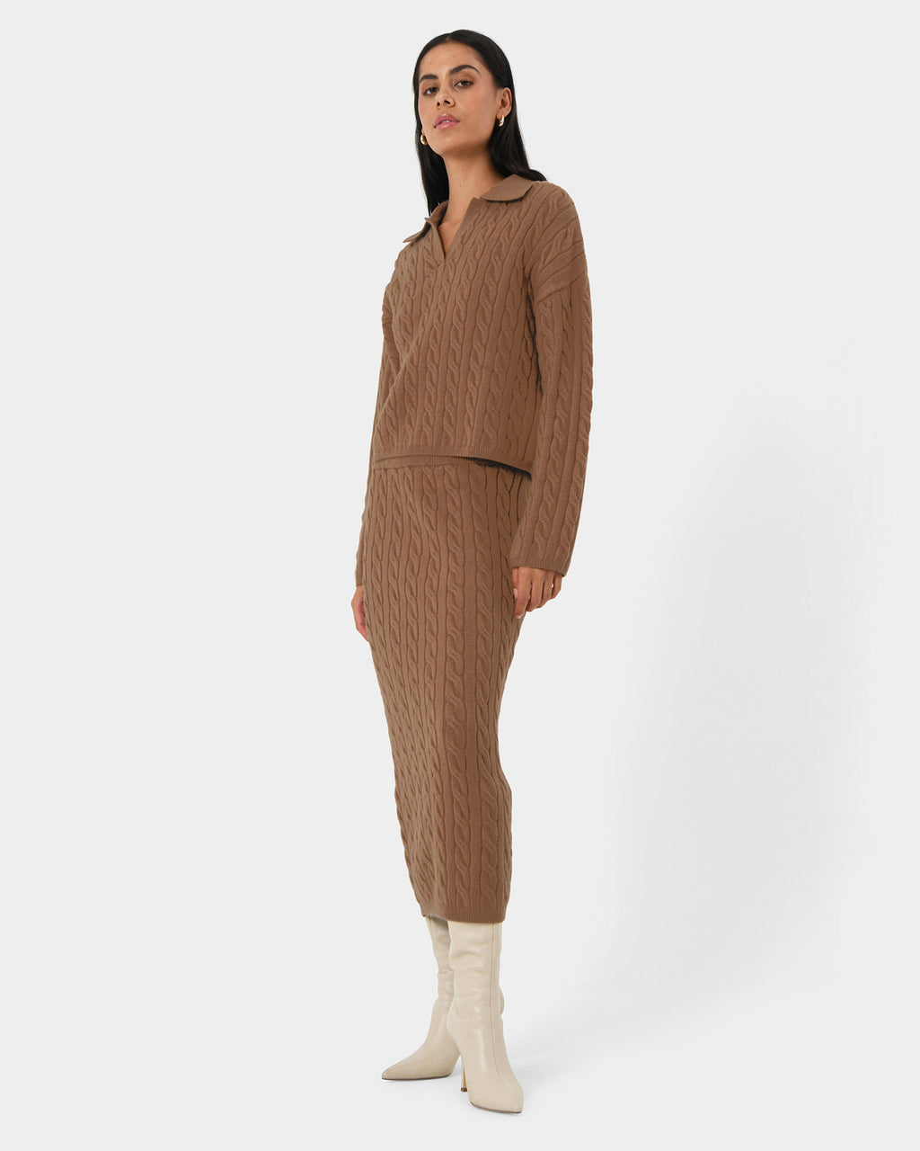 Honesty Cable Midi Knit Skirt in camel — full-length view
