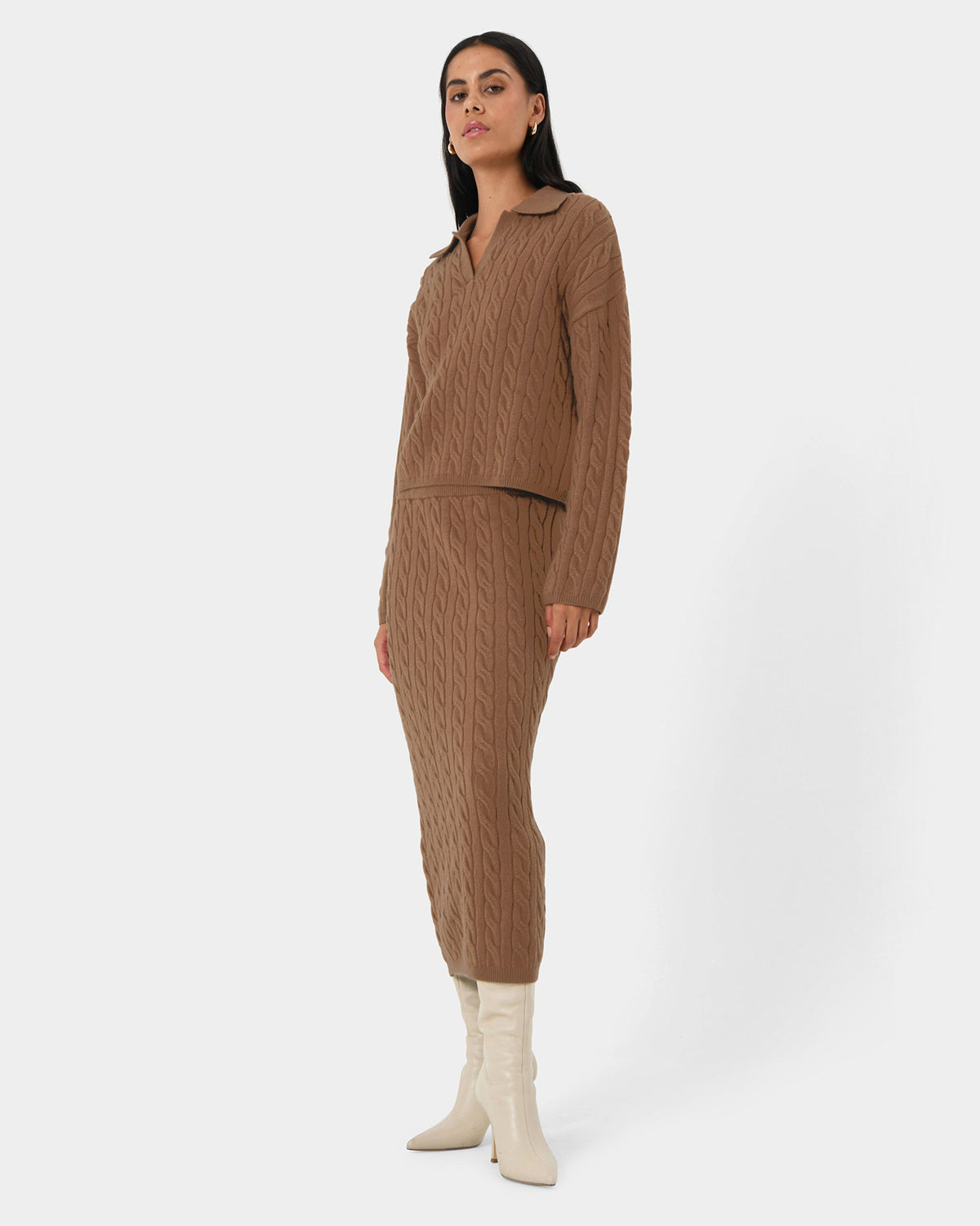Honesty Cable Midi Knit Skirt in camel — full-length view