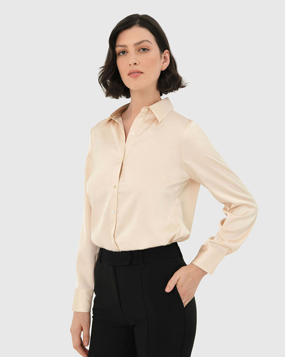 Leon Loose Fit Satin Blouse in vanilla — side view