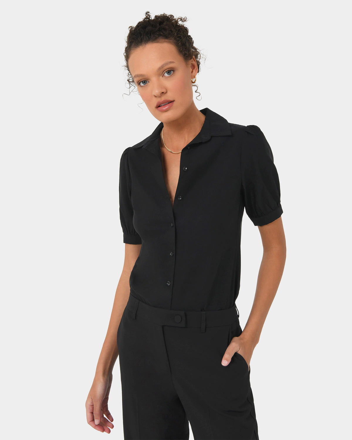 Morgan Short Sleeve Blouse in black — close-up view