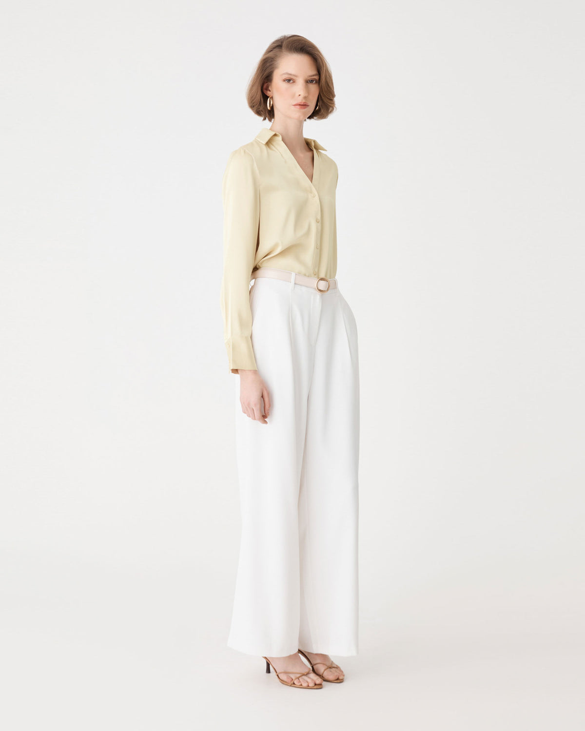 Lila V-Neck Satin Blouse in buttercup — side view