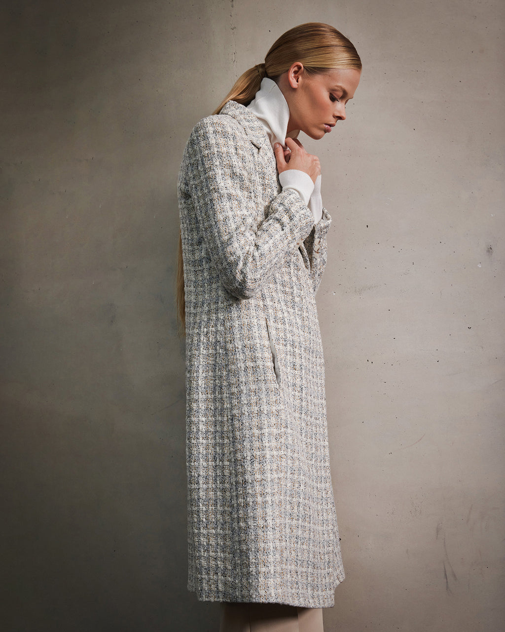 Amal Tweed Coat in multi — side view 2