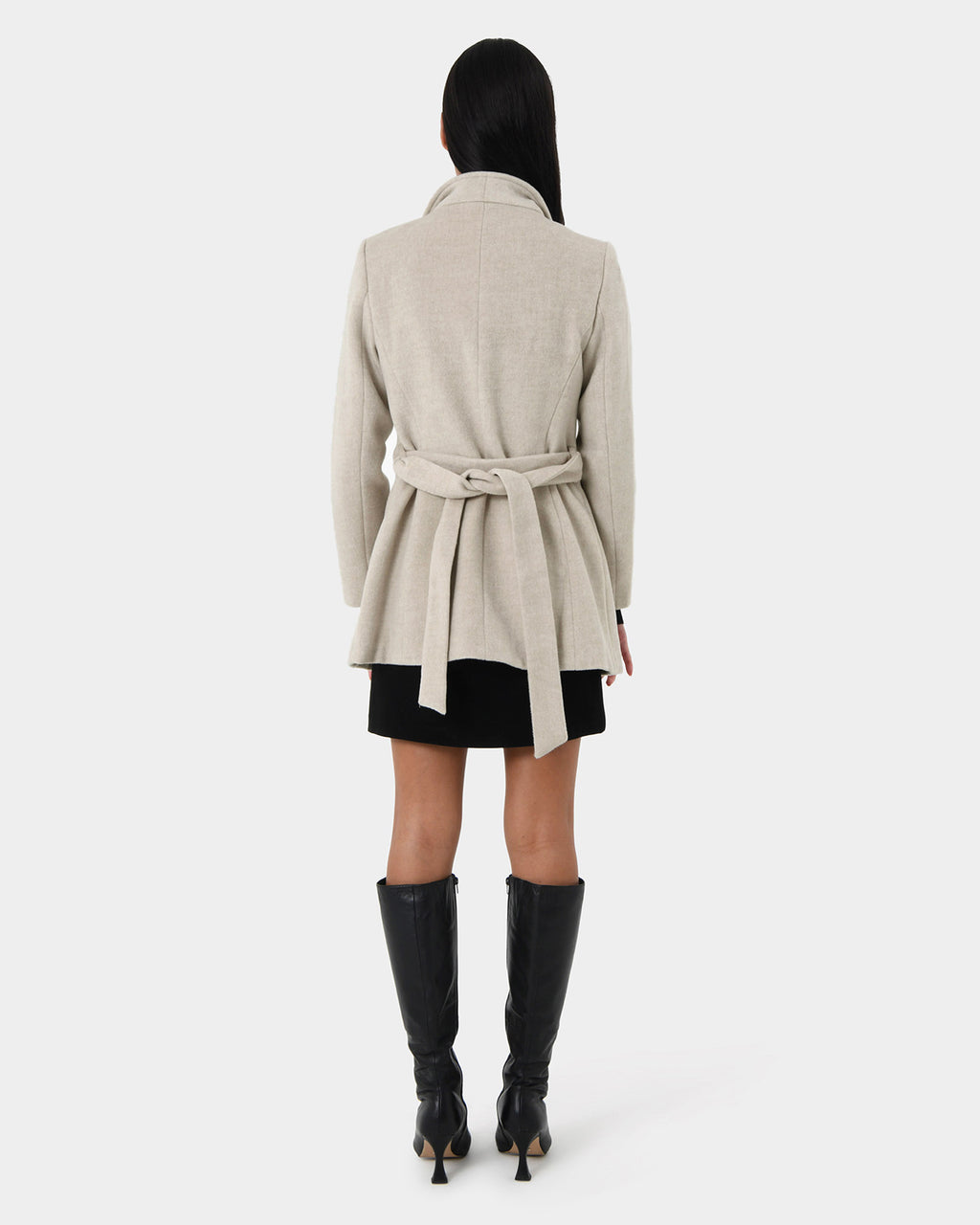 Aileen Double Breast Wrap Coat in oatmeal — back view