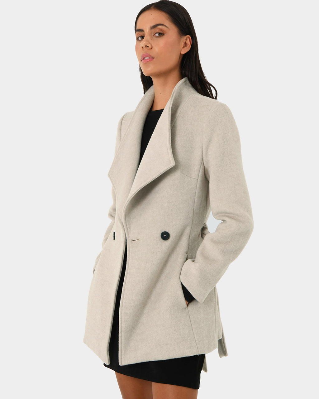 Aileen Double Breast Wrap Coat in oatmeal — close-up view