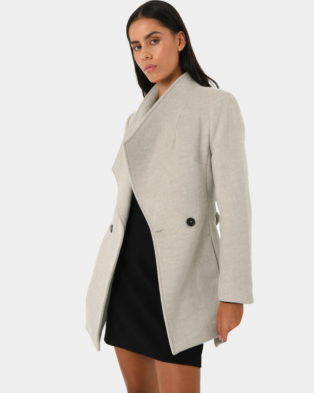 Aileen Double Breast Wrap Coat in oatmeal — close-up view 2