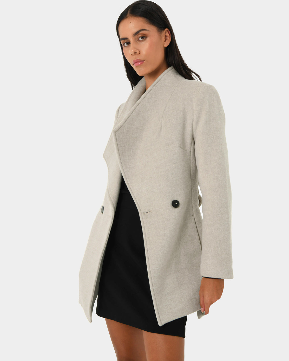 Aileen Double Breast Wrap Coat in oatmeal — close-up view 2